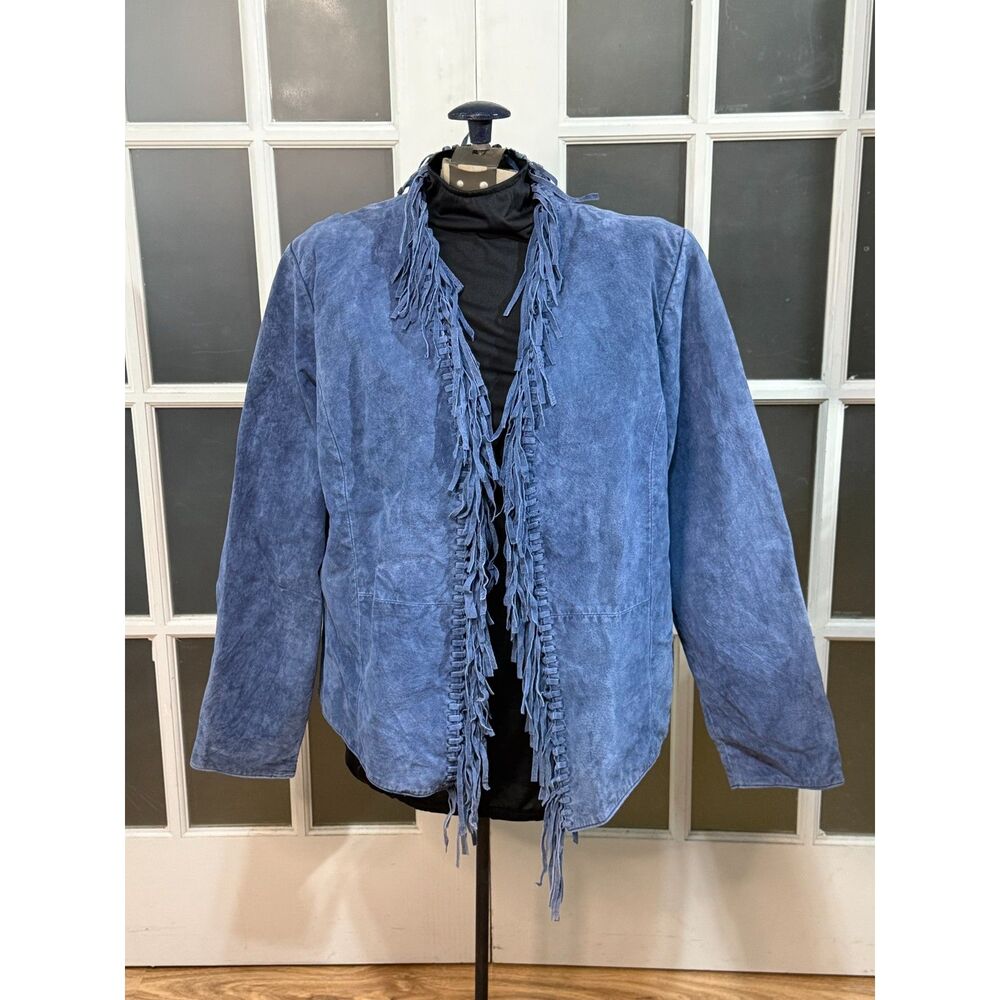 Vintage Dialogue Blue Genuine Suede Fringed Open Jacket Size Large Western